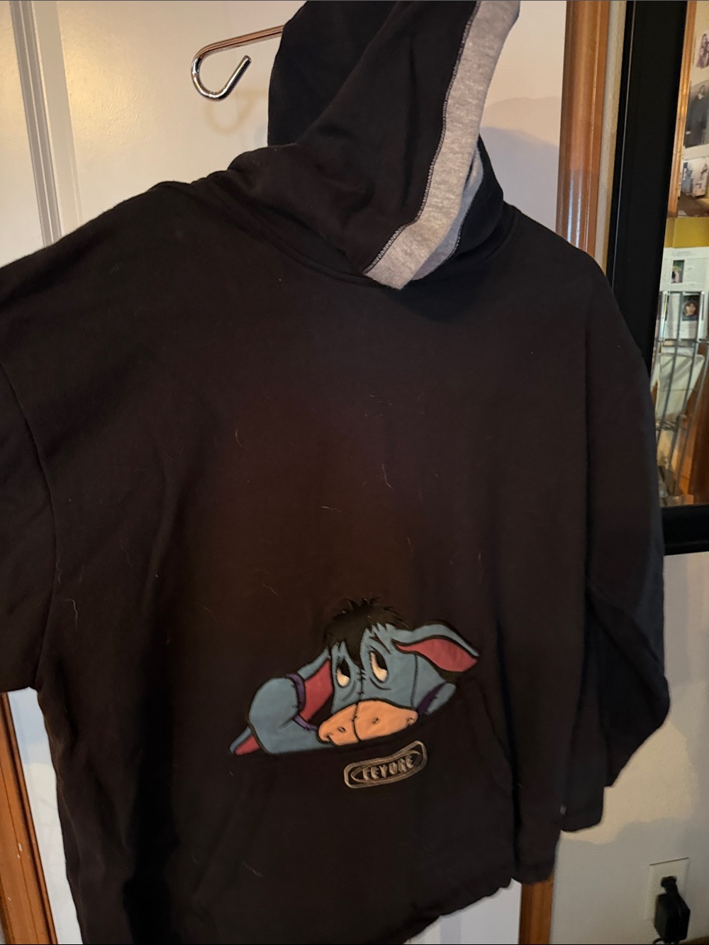 Pooh vintage Disney Black Hoodie with Eeyore Graphic and Gray-Lined Hood